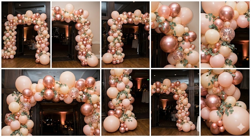 Rose gold balloon arch for an elegant celebration