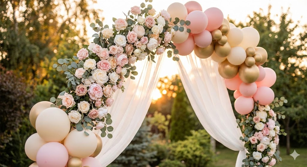 Romantic wedding ceremony backdrop with balloons and flowers