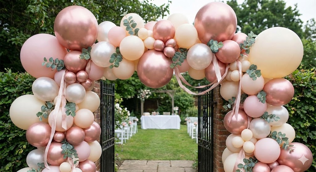 Balloon backdrop styled in rose gold and blush tones indoors